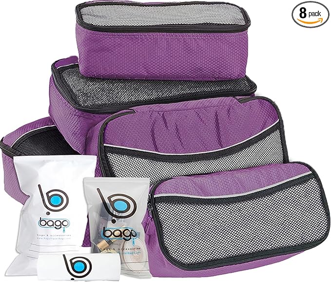 bago 8 Pcs Packing Cubes for Suitcases - 5 Travel Cubes with 3 ZipLock Bags - Luggage Organizer Bags to Get Maximum Storage, Save Time & Effort to Pack - Happy Traveling (Purple)