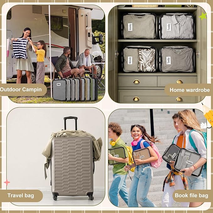 7 Pcs Packing Cubes for Travel Large Days of Week Compression Packing Cube with Labels Luggage Organizers Storage Bag(Brown)