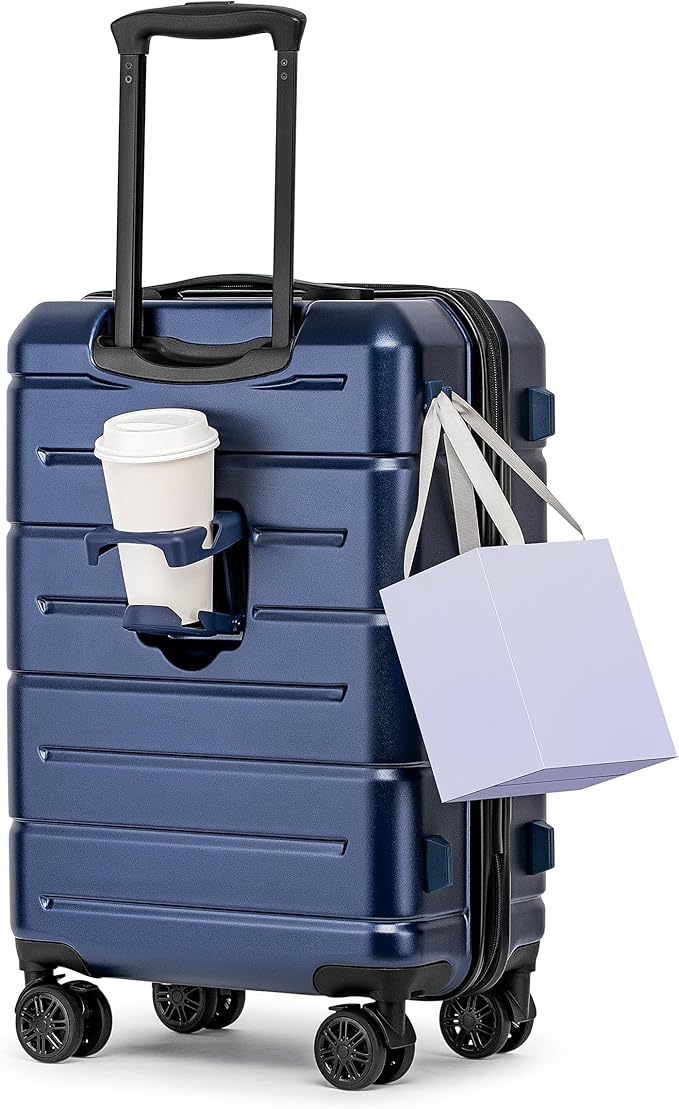 KYME Carry On Luggage 22x14x9 Airline Approved Hardshell Carry On Suitcases with Wheels Travel Rolling 20 Inch Luggage with Cup Holder for Women Men,Carry-on Navy