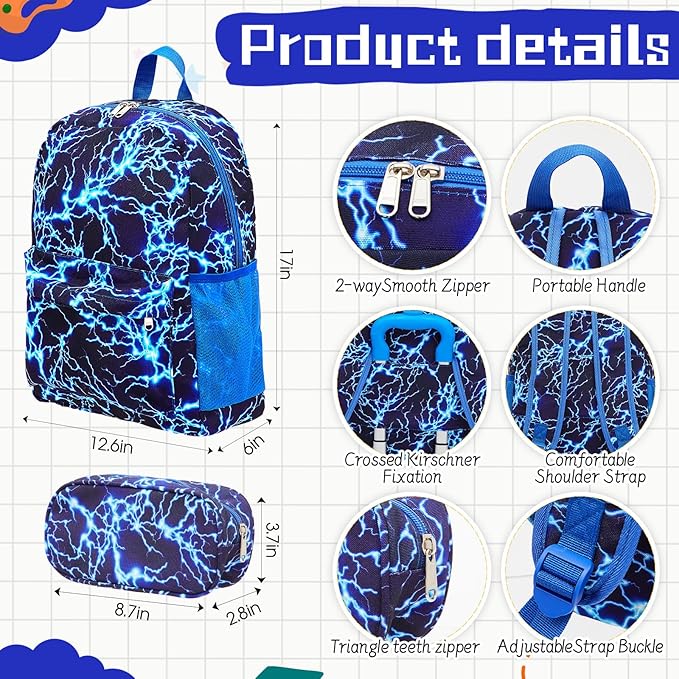Redbaker 17 Inch 6 Pcs Kids Luggage Set Kids Rolling Luggage Double Pattern Suitcase for Boys Girls (Blue, Lightning Style)