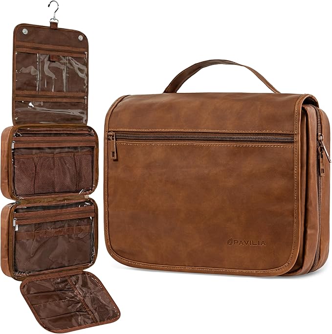 PAVILIA Hanging Toiletry Bag Women Men, Foldable Cosmetic Organizer Travel Bag, Water Resistant Makeup Bag Toiletries, Large Travel Essentials Kit (Brown)