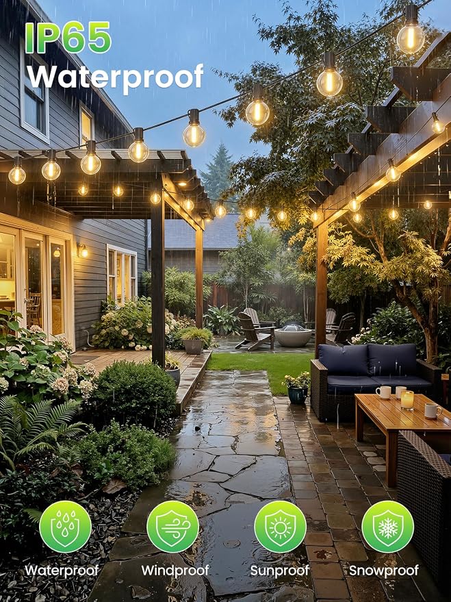 LACHON Outdoor String Lights Waterproof 50 FT with 25 G40 IP65 Bulbs | Dimmable,Connectable,Shatterproof,2700K Warm White,Perfect For Any Outdoor Space,Patio,Backyard,Cafe,Bistro,Porch,Market