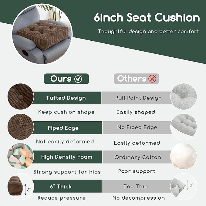 HIGOGOGO Tufted Corduroy Recliner Seat Cushion for Elderly, 20x20x6 Inch Extra Large Square Seat Cushion for Recliner Chair, Floor Pillow, Office Chair, Car, No Pressure on Thighs, Brown