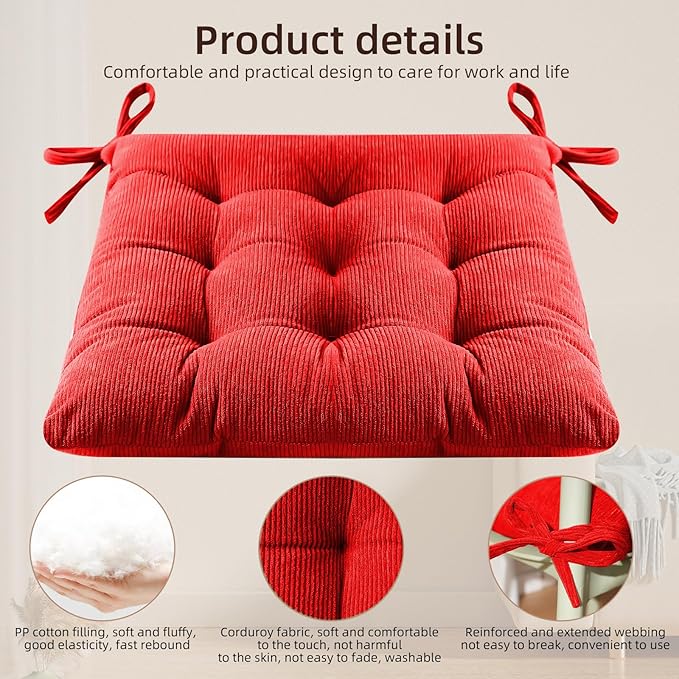 HLOVME Corduroy Chair Cushion with Ties Ultra Soft Warm Floor Cushion for Kids Reading Nook Comfortable Square Seat Cushion for Adult 15.7”x15.7”, Bright red