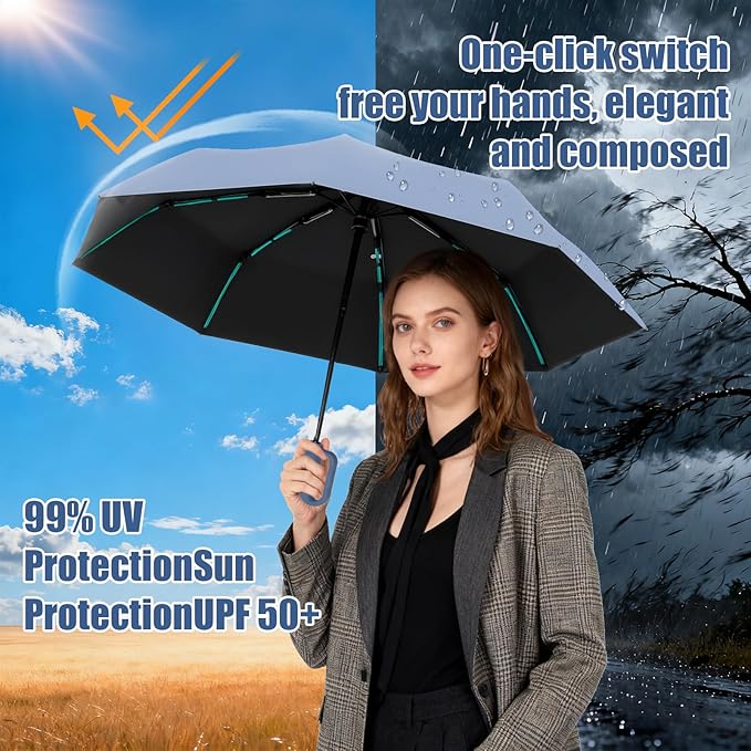 Compact Automatic Folding Travel Umbrella-Windproof Rainproof, PF50+ Sun Protection for Hiking,Outdoor,Chool,Golf Course & Daily Use,Sturdy Multi-Ribbed Frame