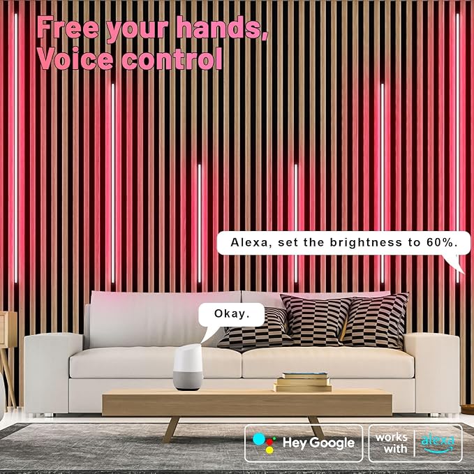 Lichaser RGB Black LED Strip Light for Wood Slat Wall Panel, 6 Pcs WiFi Smart Recessed Lighting for Acoustic Panel Compatible with Alexa, Self-Adhesive Smart LED for Slat Wall (2*24+2*16+2*13 in)