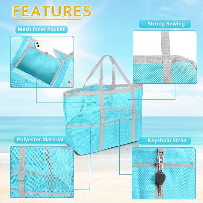 SRISE Mesh Beach Bag - Large Beach Tote Bag for Family Beach Bag for Toys & Vacation Essentials