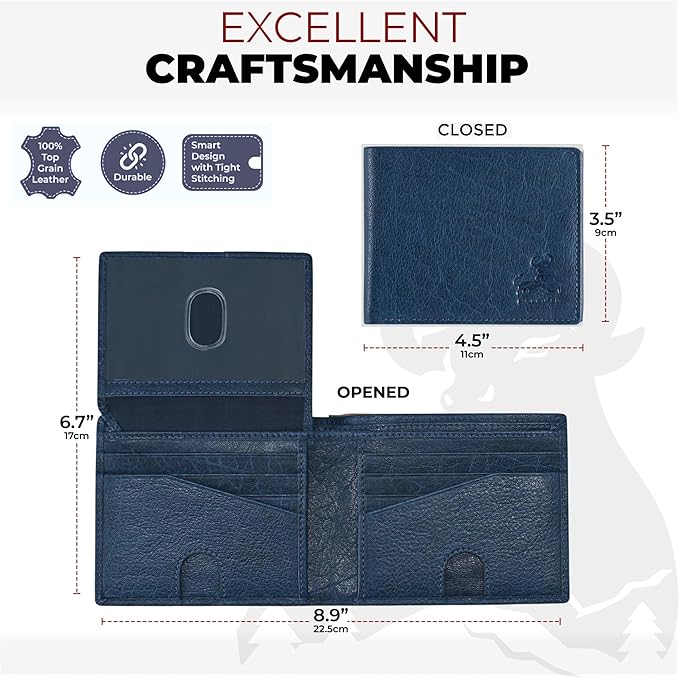 RFID Bifold Leather Wallet For Men with Flip Up ID Secure and Durable Extra Capacity Billfold with 11 Credit Cards in Vintage Buffalo Blue, Tight Stitching & Quick Thumb Push Access, Gift Boxed