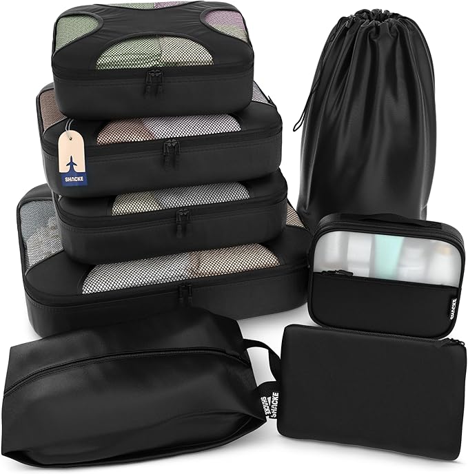 Shacke Packing Cubes for Travel 8 Set - Compression Luggage Organizer Bags - Versatile Travel Organizer for Women and Men - Optimized Packing Bags - Travel Essentials (Black)
