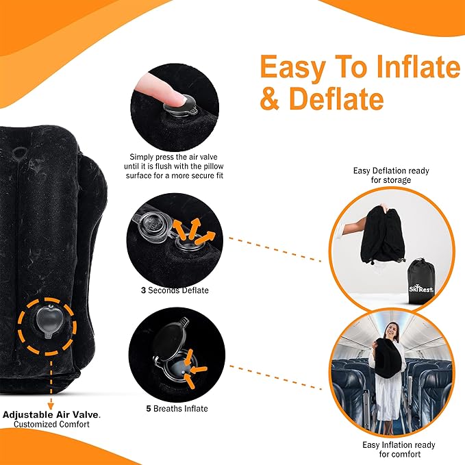 Skyrest®️ Inflatable Travel Pillow for Buses, Comfortably Support Head, Air Pillow for Sleeping to Avoid Neck, Lumbar and Shoulder Pain, Pillows for Airplanes Buses Cars Office (Black)