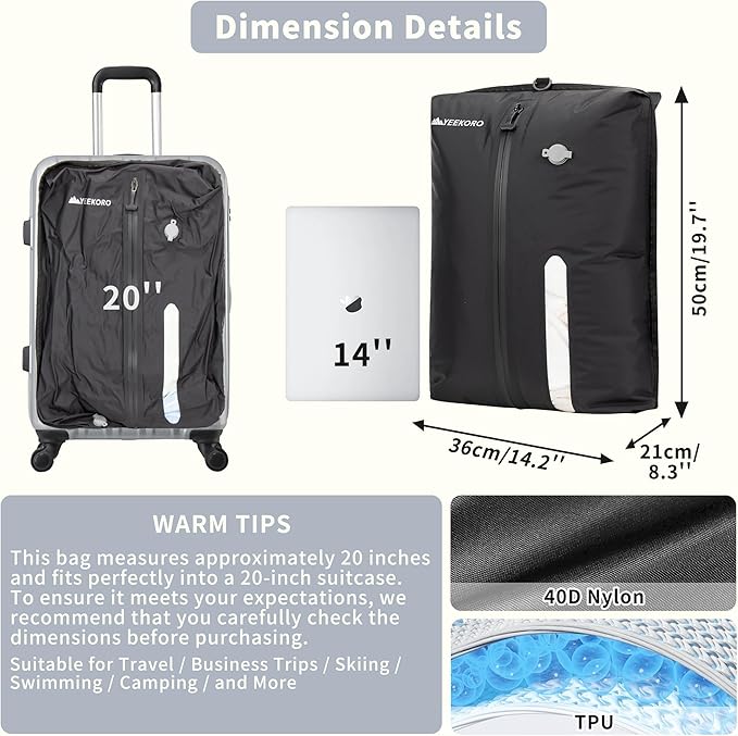 Vacuum Bag for Travel, Professional IPX8 Waterproof Reusable Vacuum Compression Bags for Travel Suitcases, Durable Space Saver Bag(2 PACK,With Pump)