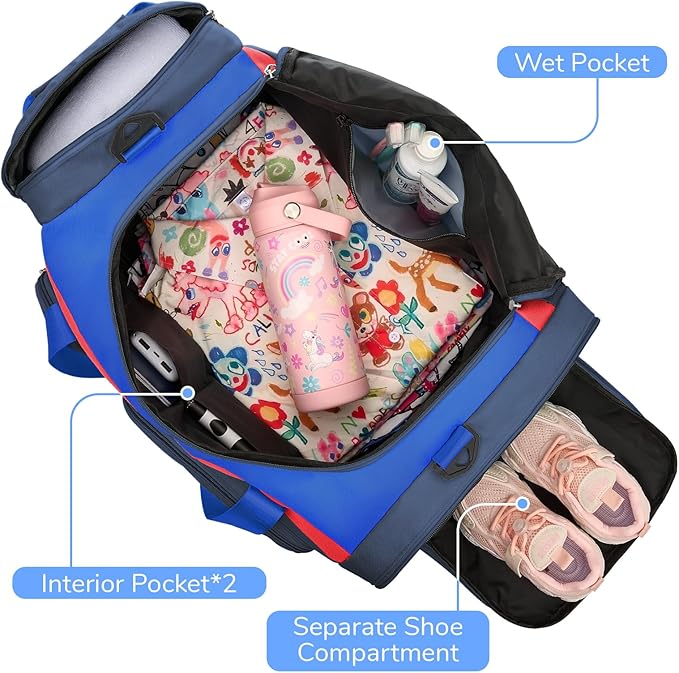 WOOMADA Kids Duffle Bag for Boys or Girls,Weekender Overnight Bag with Shoe Compartment & Wet Pocket Perfect For School, Sports, Overnight Trips(Navy Blue)