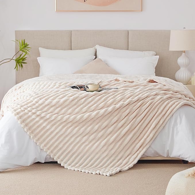 EXQ Home King Size Blanket for Bed or Couch - 3D Stripe Jacquard Decorative Fleece Blankets - Cozy Soft Lightweight Fuzzy Flannel Blanket Suitable for All Seasons(90"×108",Beige)