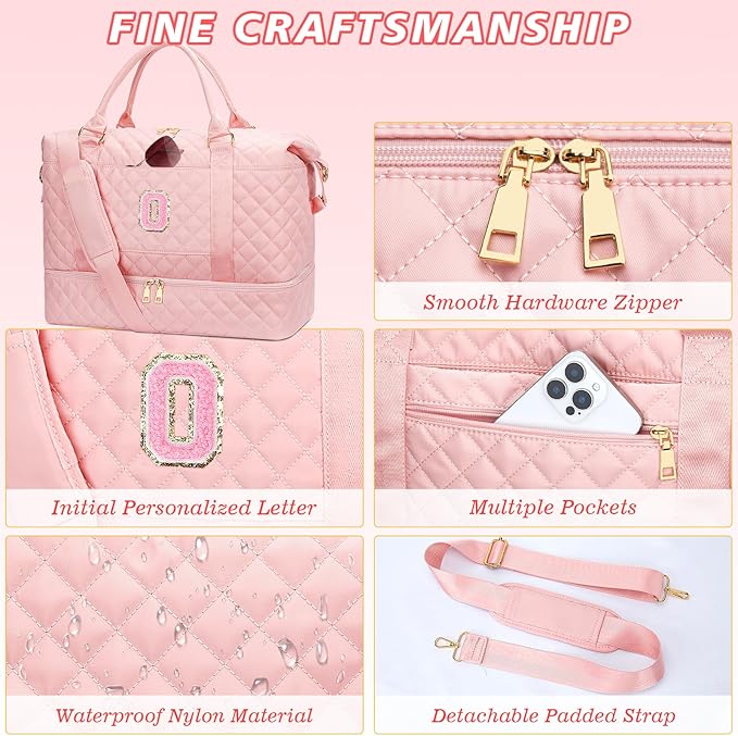 Gifts for Friend Women Girls Birthday Initial Travel Duffle Bag Quilted Weekender Bags Carry-On Overnight with Makeup Bag, Gym Bag with Shoe Compartment, Pink-O