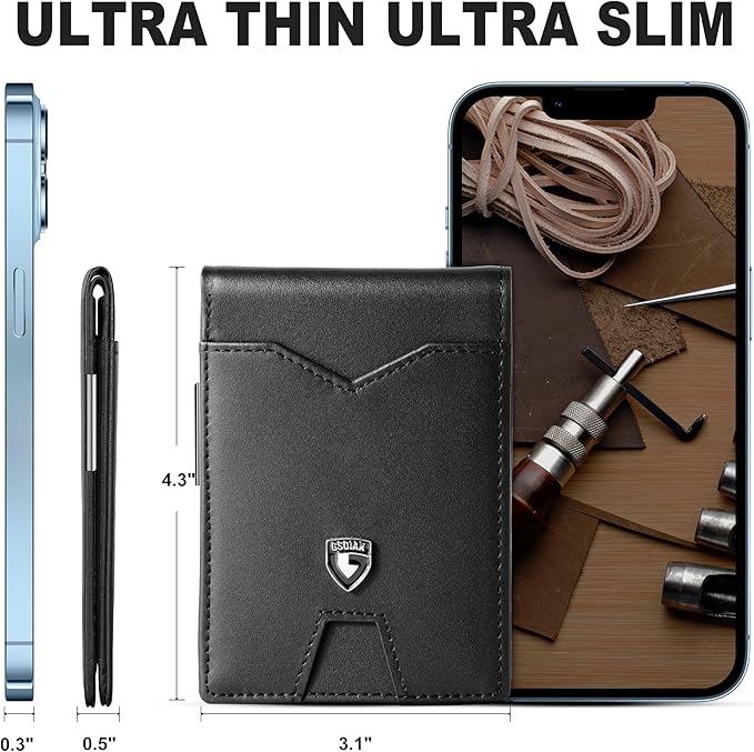 GSOIAX Slim Wallet for Men Rfid Blocking Leather Bifold Front Pocket Carbon Fiber Credit Card Holder Novelty Wallets With Gift Box (Black-money clip)