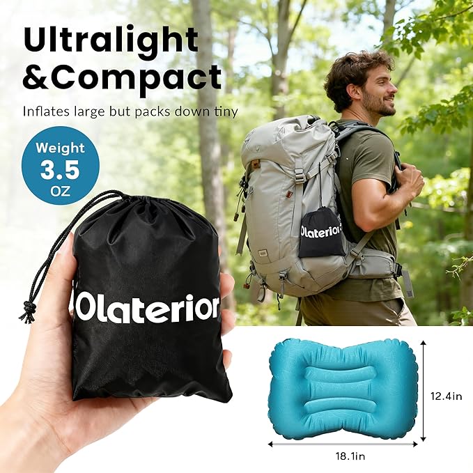 Ultralight Inflatable Camping Pillow, Compressible, Compact, Comfortable, Ergonomic Inflating Pillows, Portable Travel Air Pillow for Outdoor Camp, Hiking, Backpacking & Airplane Travel