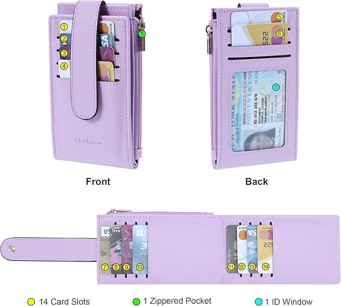 Chelmon Womens Wallet Slim RFID Blocking Bifold Multi Card Case Wallet with Zipper Pocket (Light Purple)