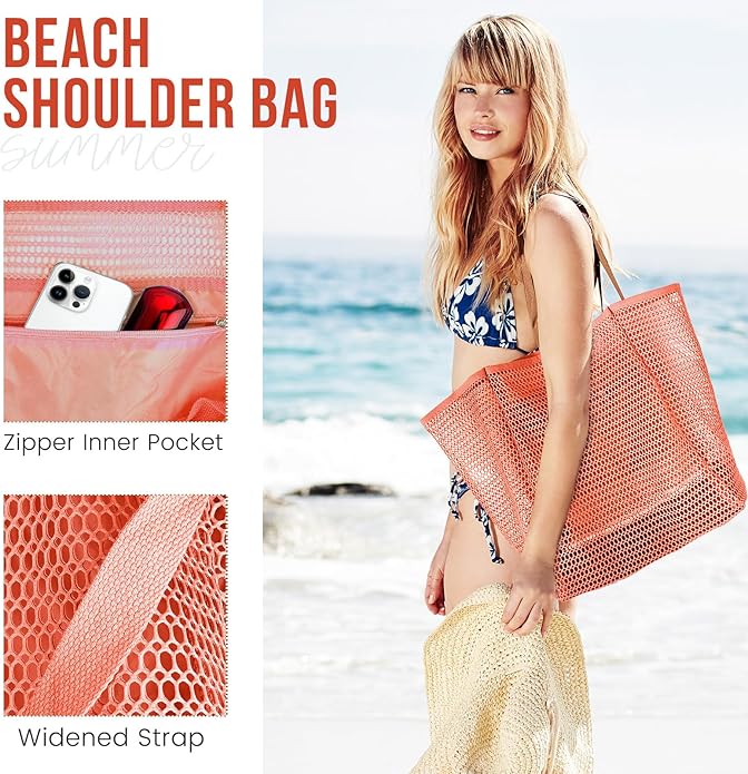 Beach Bags for Women, Summer Travel Mesh Tote Bag with Large Inner Pocket, Sandproof Woven Shoulder Handbag