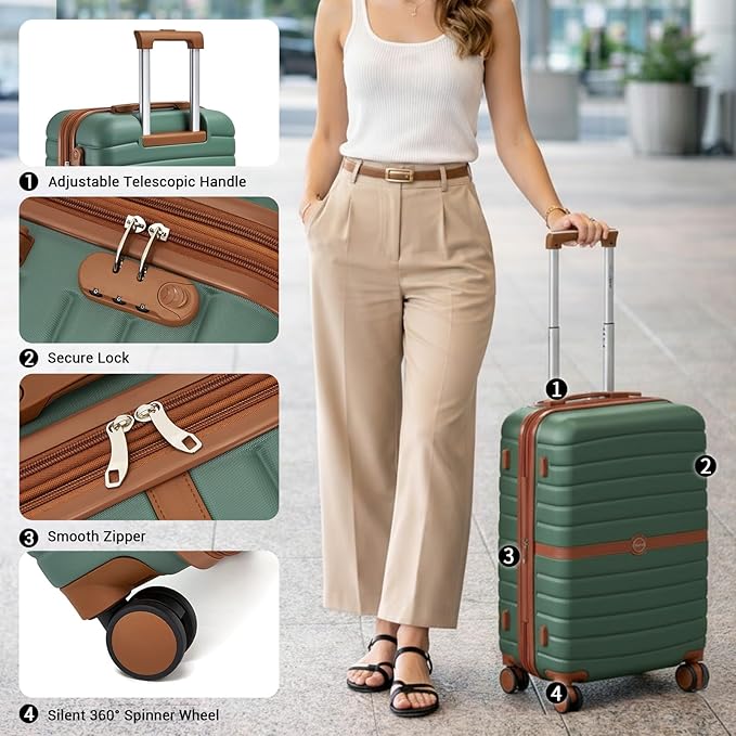 Kono Expandable 28 Inch Luggage with Spinner Wheels, Large Checked Luggage with Lock, Lightweight & Anti-Scratch PC+ABS Hardshell Travel Suitcase, Green/Brown