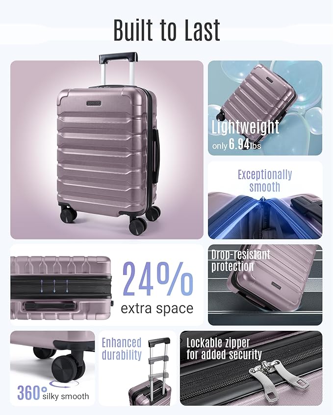 LIGHT FLIGHT Carry On Luggage 22x14x9 Airline Approved, Expandable Carry On Suitcases with Wheels, Lightweight Luggage, Durable Hard Shell 20 Inch Rolling Suit Case for Men Women Travel,Rose Purple