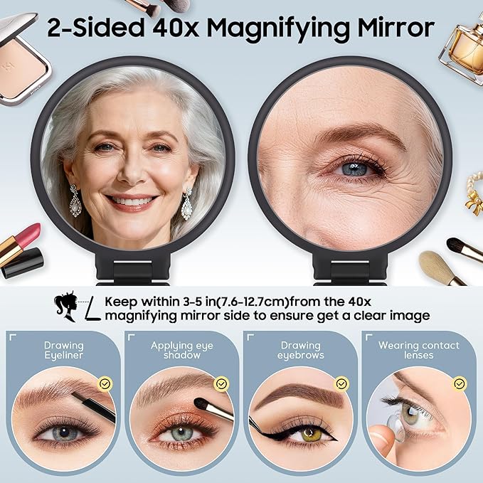 B Beauty Planet 40X Magnifying Mirror, Hand Mirror for Makeup, Double Sided with 40X/1X Magnification, Travel Essential, Portable Foldable for Desktop and Bathroom, Gift for Women, Black