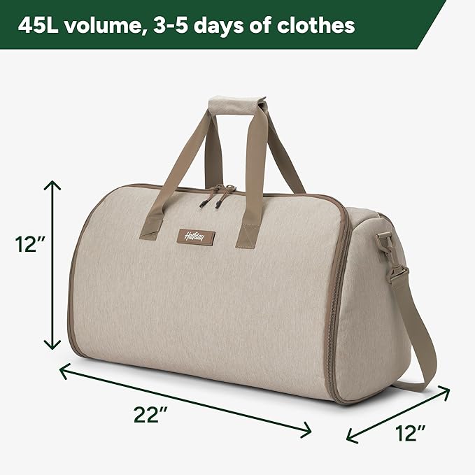 Halfday Convertible 2-in-1 Garment Duffel Weekender Bag 45L | Wrinkle-Free Travel, Hanging Suit Compartment, Shoe Pockets, Trolley Sleeve. Durable & Water-Resistant Carry-on, Stone