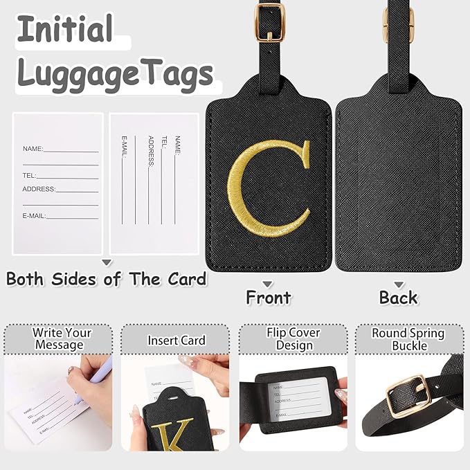Initial Luggage Tags for Suitcases, Cute Embroidered Letter Luggage Bag Suitcase Identifier Name Baggage Tag, PU Leather Travel Luggage Tags, Bag Tags for Men Women Kids Luggage Handbags(Black C)