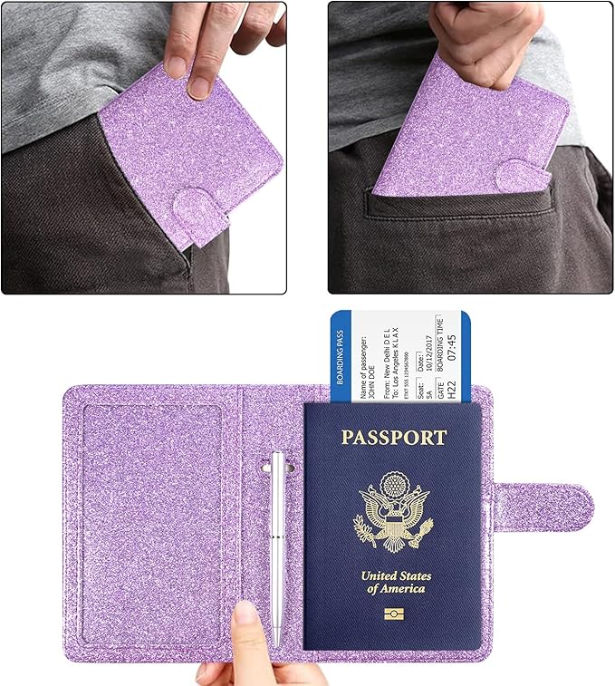 ACdream Unisex Faux Leather Passport and Vaccine Card Holder, Glitter Purple, RFID Blocking, Protects Valuable Information