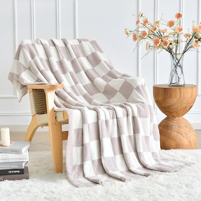 Checkered Blanket, Cozy Soft Throw Blankets for Couch Bed, Fluffy Plaid Lightweight Comfy Travel Picnic Blanket Gifts for Sofa Chair Living Room Camping (Ivory White, Twin 60"x80")