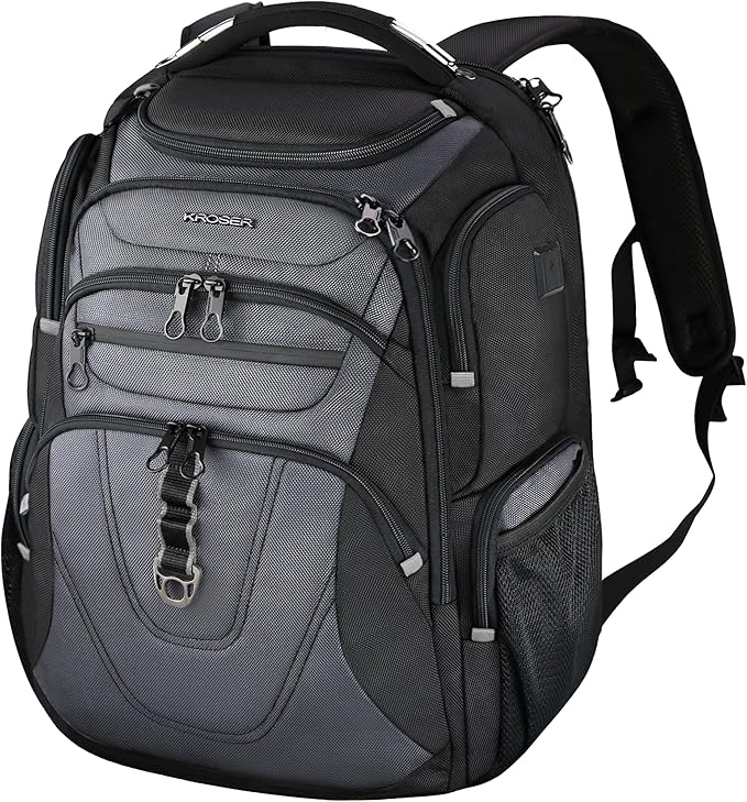 KROSER Friendly Travel Laptop Backpack 18.4 inch XXXL Gaming Backpack Water-Repellent College Daypack Business Backpack with RFID Pockets & USB Port for Men/Women-Black/Grey
