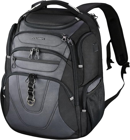 KROSER Friendly Travel Laptop Backpack 18.4 inch XXXL Gaming Backpack Water-Repellent College Daypack Business Backpack with RFID Pockets & USB Port for Men/Women-Black/Grey
