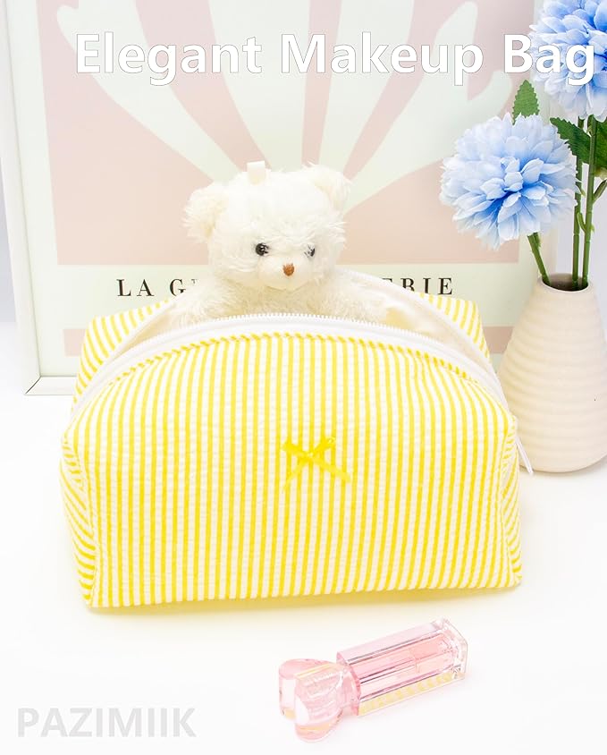 PAZIMIIK 6PCS Cozy Makeup Bag Small Aesthetic Travel Zipper Cosmetic Pouch for Women Make Up Beauty Accessories Brushes, Stripe Yellow