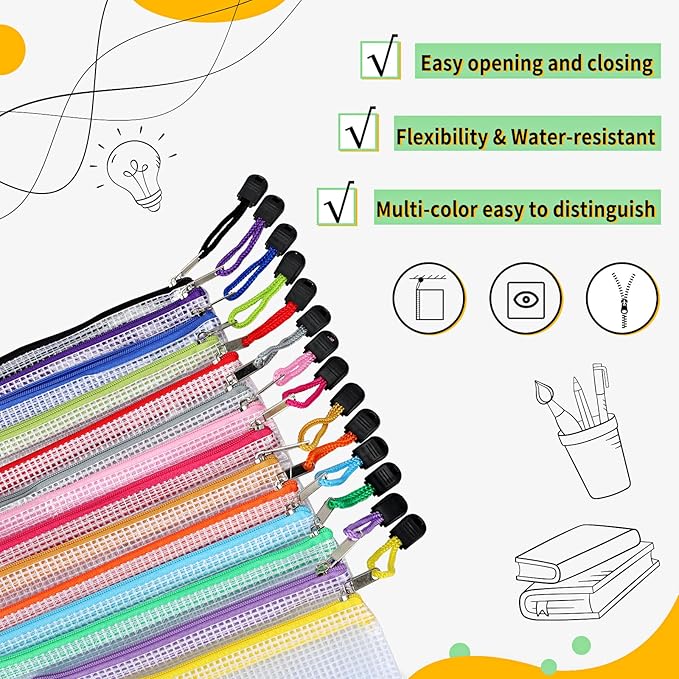 EOOUT 14pcs Zip Pouch Organizers, Mesh Bags with Zipper, 8 Sizes 14 Colors, Waterproof, for Travel, School, Office & Home