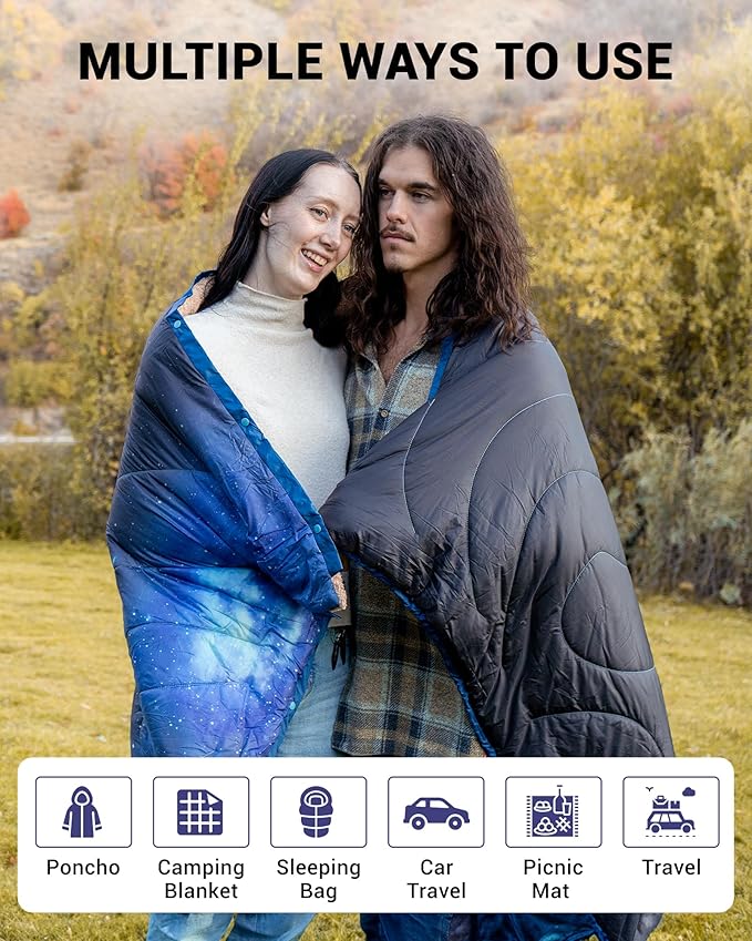 KingCamp Ultralight Camping Blanket, Packable Down Alternative Puffy Printed Wearable Blanket with Snap Buttons & Corner Loops Weatherproof Quilt for Outdoor Travel Stadium (79" x 57", Forest)