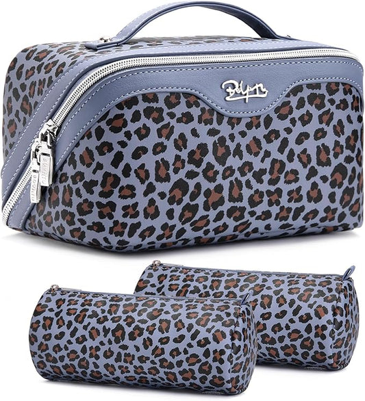 BOYATU Travel Makeup Bags Cosmetic Organizer Bag: 3 Pcs Set Large Capacity Make up Bag with Compartments - Waterproof Leather Toiletry Bags with Handle for Women (B-Light Blue)