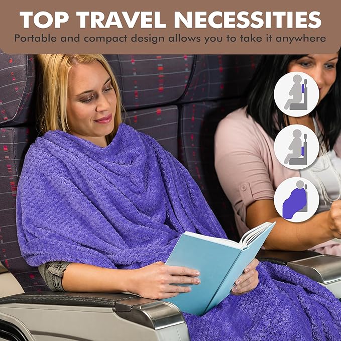 Tirrinia Travel Blanket and Pillow Set, Soft Compact Airplane Blanket with Foot Pockets, 4-in-1 Travel Essentials for Women Men, Portable Travel Gifts for Her, Travel Blanket for Airplanes, Cars