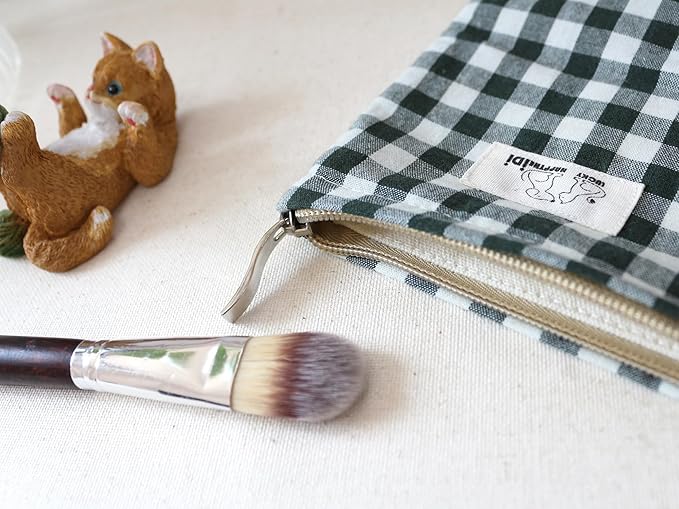 HAPPYHEIDI Dark Green Gingham Pouch Cotton Makeup Bag Cosmetic Travel Make Up Purse Organizer, Zipper Closure, Canvas Lined, Vintage Moss Green