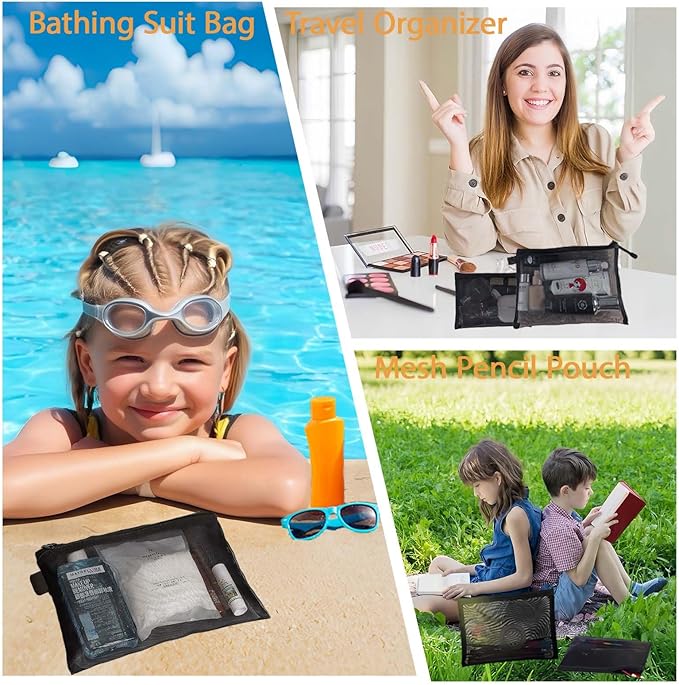 3 Pcs Mesh Zipper Pouch Makeup Bags Set, Portable Mesh Cosmetic Bag Travel Toiletry Storage Bags Pencil Purse Organizer Pouches for Home Office Daily or Traveling Accessories Keep Small Items(Black)