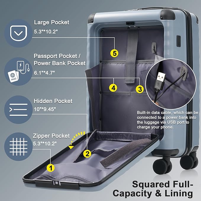 Merax Luggage Sets Front Opening, 3 Piece Hardshell Suitcase with Spinner Wheels and Bags,Lightweight Carry on Luggage with USB Port and Cup Holder,20+24+28,Sky Blue
