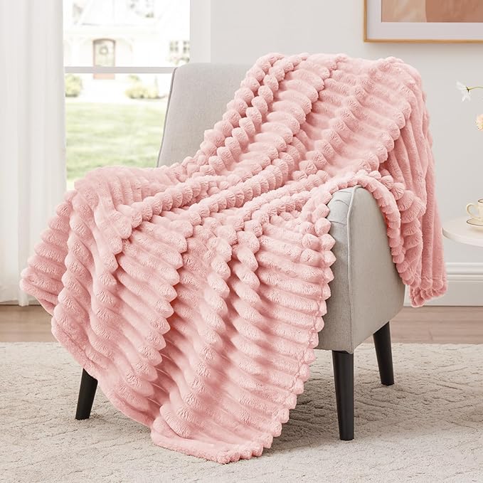 EXQ Home Fleece Throw Blanket for Couch or Bed - 3D Stripe Jacquard Decorative Blankets - Cozy Soft Lightweight Fuzzy Flannel Blanket Suitable for All Seasons(50"×60",Pink)