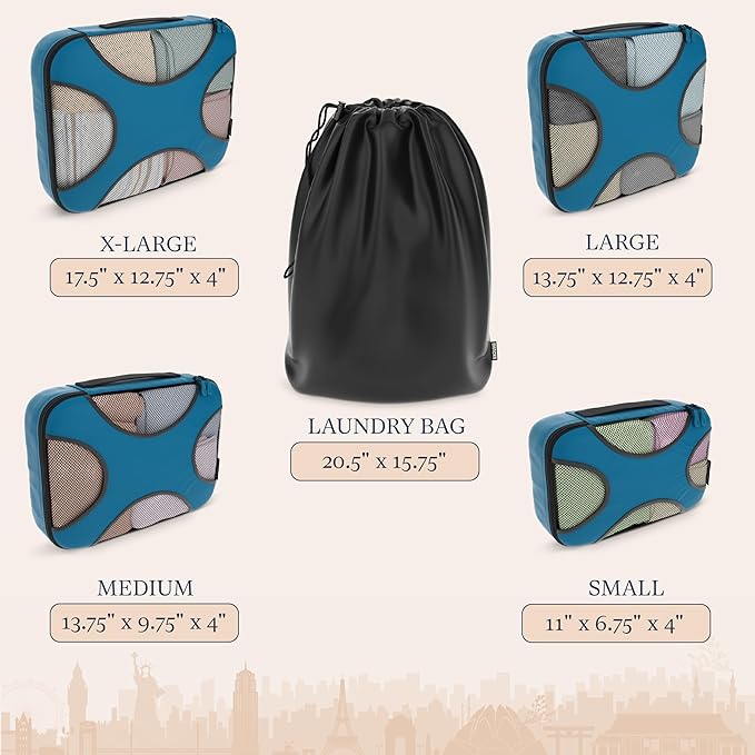 Shacke Premium 10 Packing Cubes Set - Lightweight Mesh Travel Luggage Organizers with Laundry Bag, 5-Piece Suitcase Storage System (Gentlemen's Blue)