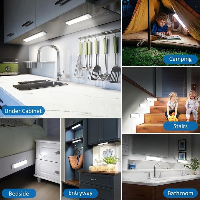 Motion Sensor Under Cabinet Lights, 2-Pack, Cool White, 8 inch | Magnetic, Rechargeable Under Counter Closet Light, Wireless Night Light Bar, 10% to 100% Dimming, USB Cable Included