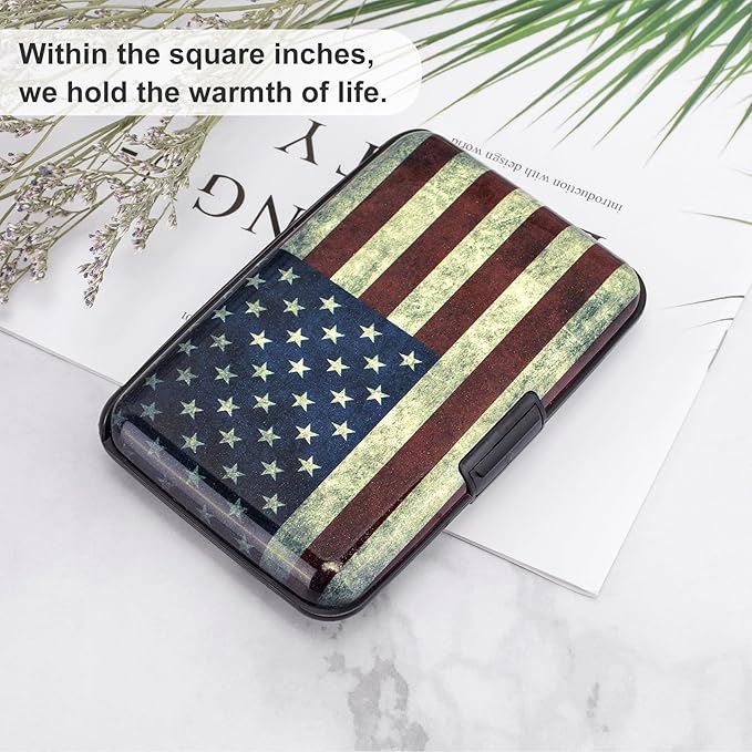ELFISH Mini RFID Aluminum Wallet Credit Cards Holder Business Card Case Metal ID Case for Men Women (Flag)