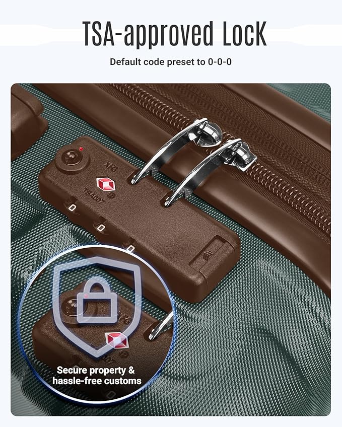 LIGHT FLIGHT Luggage Sets, 3 Piece Durable Suitcase Set with Spinner Wheels, 3 Pcs Hard Shell Lightweight Luggage with TSA Lock, Large Checked Travel Suitcases, 20/24/28 Inch,Green/Brown