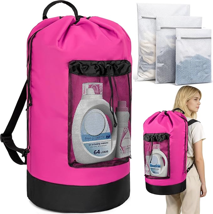 150L Laundry Bag Backpack with 3 Sizes Mesh Wash Bags and Shoulder Straps Foldable Clothes Hamper Bag with Drawstring Closure for College, Apartment, Laundromat (Hot Pink)