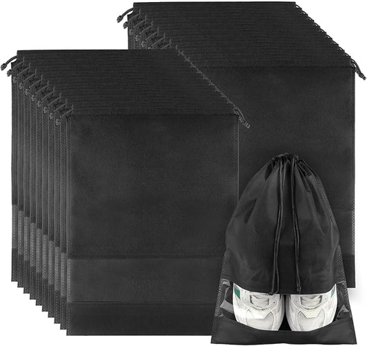 20 Pack Shoe Bags for Travel, Large Travel Shoe Bags for Packing with Clear Window, Dustproof Drawstring Travel Shoe Storage Bags Travel Essentials for Men & Women, Black (20, Black)