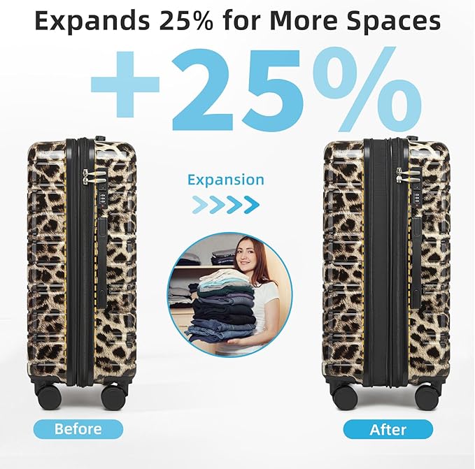LARVENDER 28 Inch Checked Luggage with Spinner Wheels, PC+ABS Expandable Large Suitcases with Wheels, Travel Luggage sets for Women and Men, Cheetah