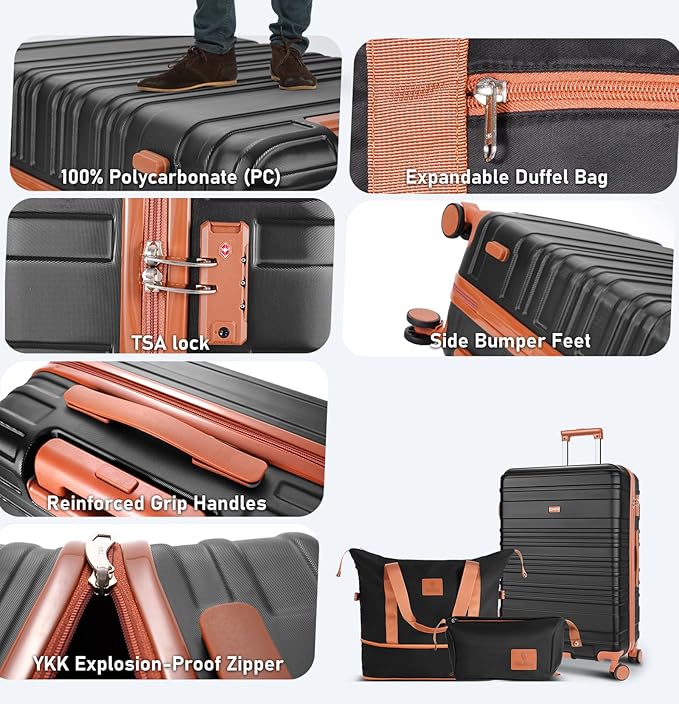Carry on Luggage Set, 22x14x9 airline approved 100% PC hardshell, Lightweight TSA Locks Quiet Spinner Wheels Durable Zipper, Travel Luggage for Men Women, Y02 Black (20"/DB/TB) Slightly Small