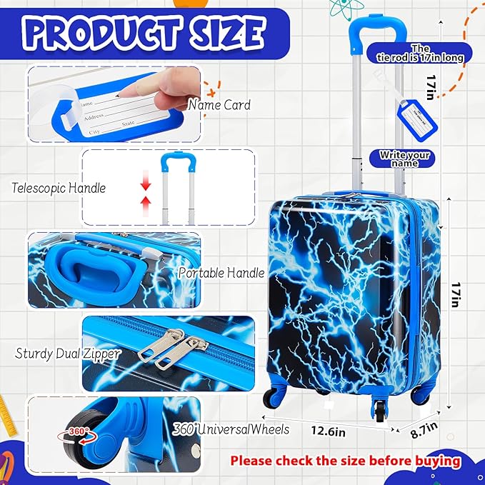 Redbaker 17 Inch 6 Pcs Kids Luggage Set Kids Rolling Luggage Double Pattern Suitcase for Boys Girls (Blue, Lightning Style)
