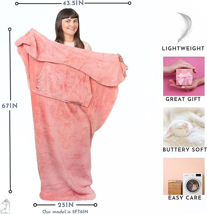 Fleece Lightweight Foot Pocket Blanket with Marsupial Pocket - Dorm Gifts - TV Throw - Plush Throw for Mom - Girl Gamer Gifts - Lap Gamer Blanket (Fleece, Powder Pink)